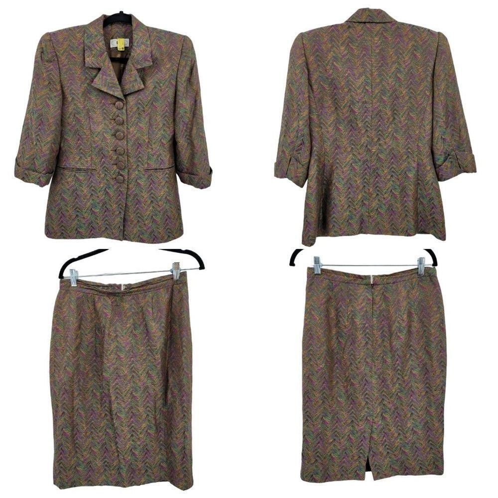Vintage 80's Power Suit Skirt Set Multicolor Psychedelic Geek Funky Chevron 8‎